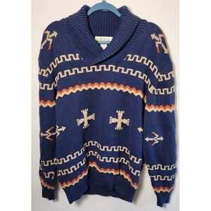 Orvis Southwestern Shawl Collar Knit Sweater Men's Large Blue Cotton Aztec